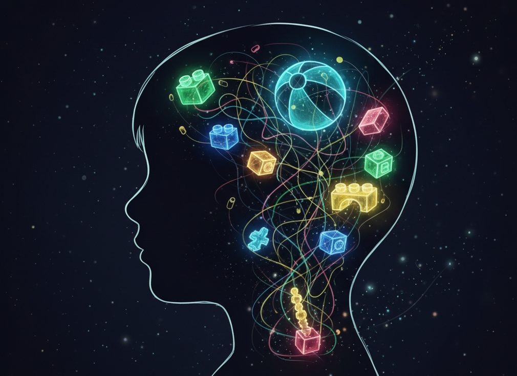 Schéma du cerveau d'un enfant montrant les connexions neuronales activées par le jeu.