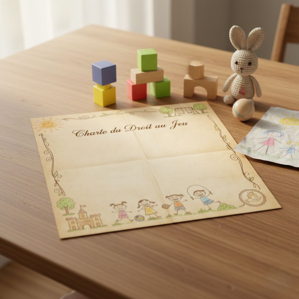Document officiel de la Charte du Droit au Jeu, symbolisant un engagement pour l'avenir des enfants.